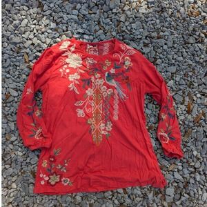Johnny Was Coral Pink Embroidered Bird Floral Cotton Top Blouse Womens Medium